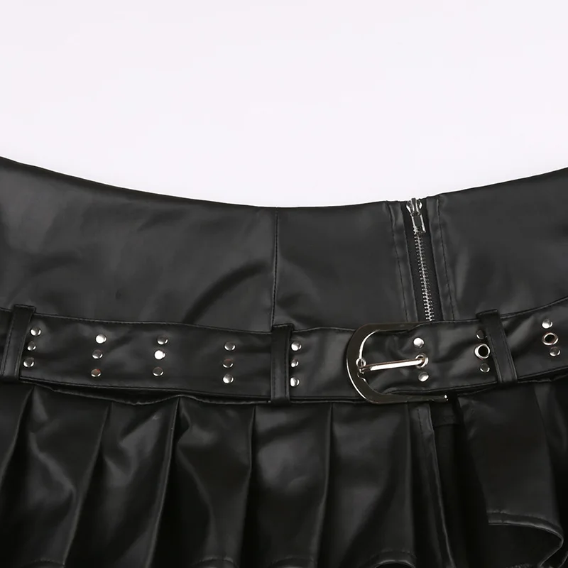 Nouvelle mode rue Sexy fendu Rivet Pu jupe en cuir avec ceinture fermeture éclair jupe courte plissée