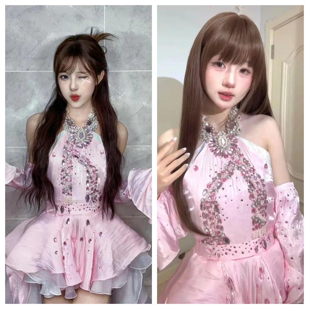 

Jazz Dance Pink Halter Rhinestone Bow Fairy Style Dress Women Singer Stage Performance Costume Kpop Nightclub DJ Dance Clothing