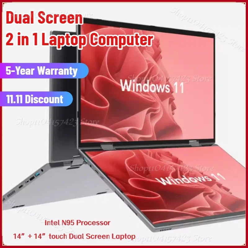 2025 Dual Screen Laptop 14+14 Inch 2K Touch Screen Notebook 16GB Intel N95 CPU 360 Degree Flip Metal Case 2 in 1 Laptop Computer