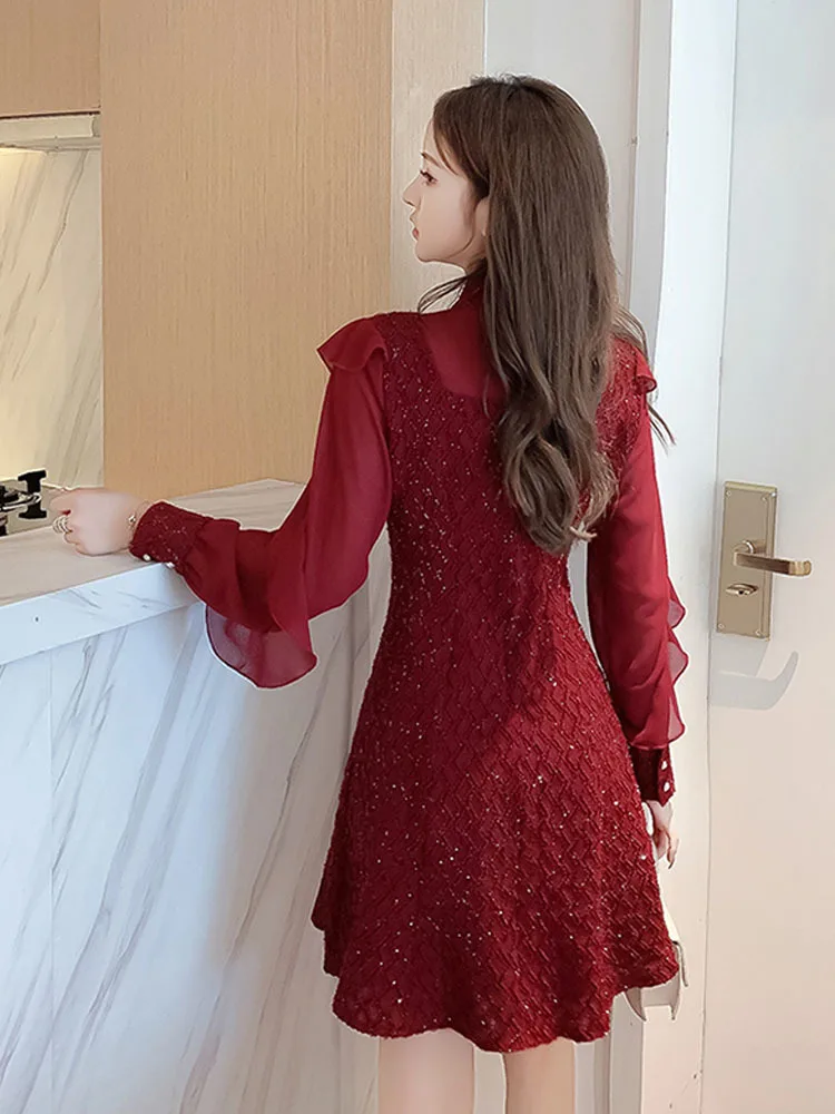 Autumn Winter Stand Collar Ruffles Mesh Patchwork Mini Dress Women Long Sleeve Elegant Fashion Bright Silk A-line Dresses Robe