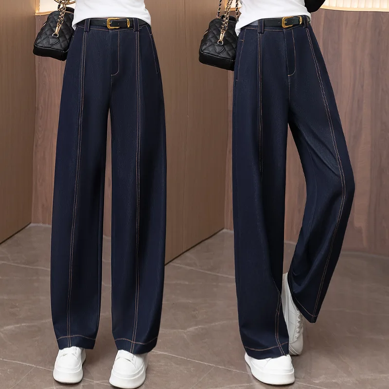 جينز أزرق من قماش الدنيم واسع الساق للنساء، سروال مستقيم جديد عالي الخصر للتخسيس فضفاض ثنيات مقاوم للتجاعيد
