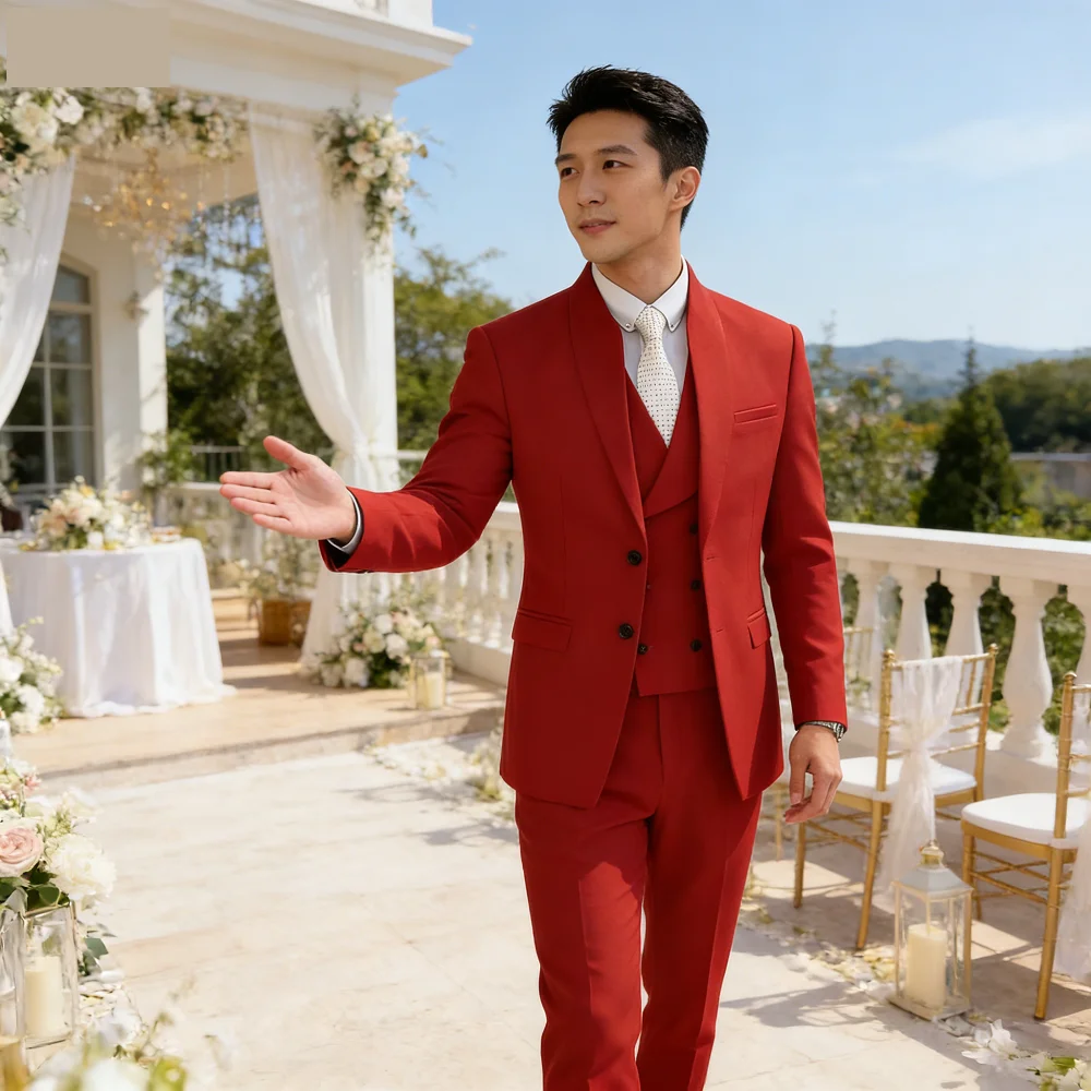 

Мужской шерстяной костюм в стиле Чайнатаун, без воротника, деловой, приталенный, комплект из 3 предметов, для официальных мероприятий и свадеб, Terno Masculino