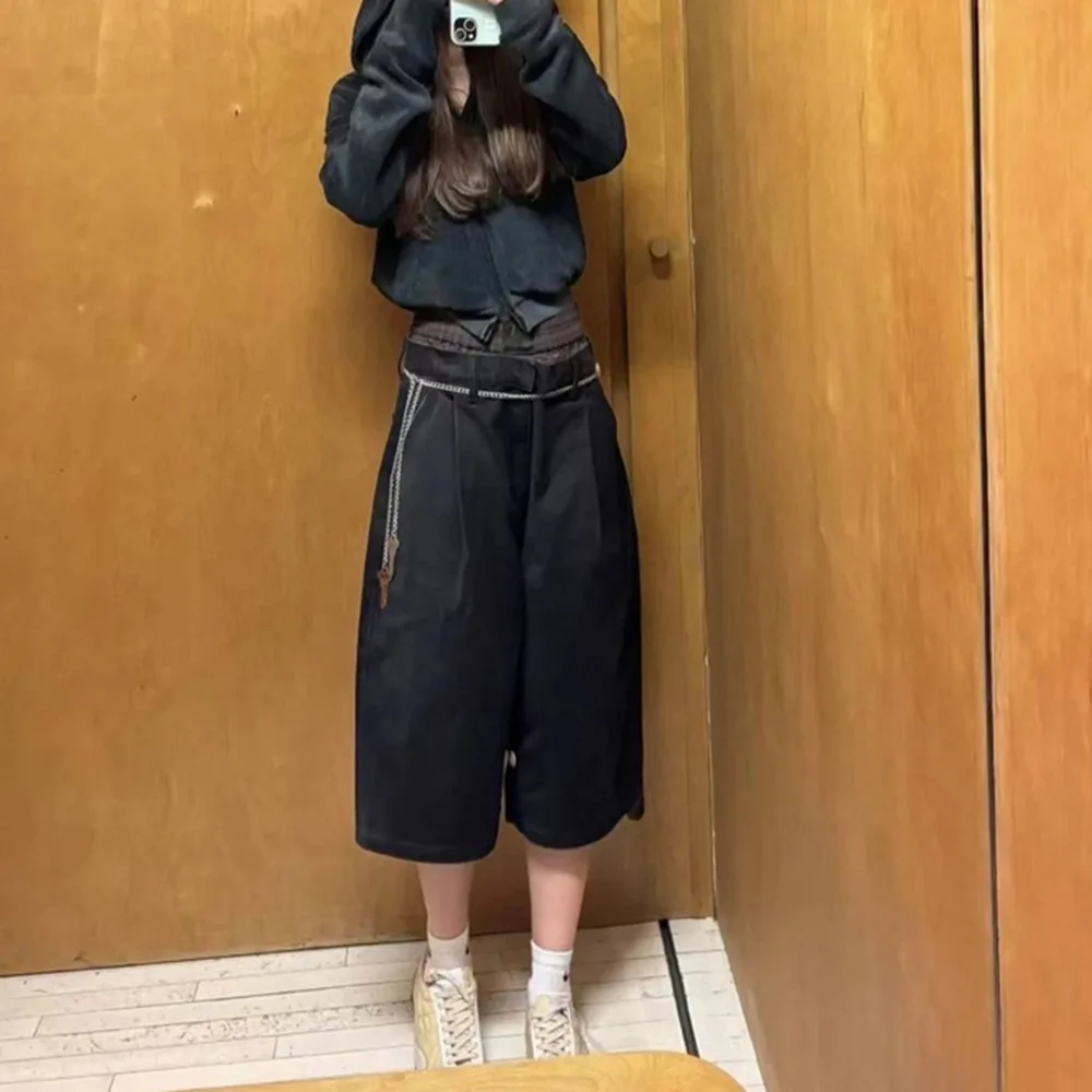 2025, Sommer, neuer Stil, limitierte Auflage, bunte Patchwork-Jeanshose mit doppelter Taille, locker sitzende Damenhose mit weitem Bein