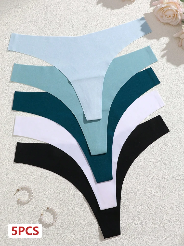 5Pcs Ice Silk Seamless Thongs Women's V-Waist Solid Color Panties Sexy Breathab…