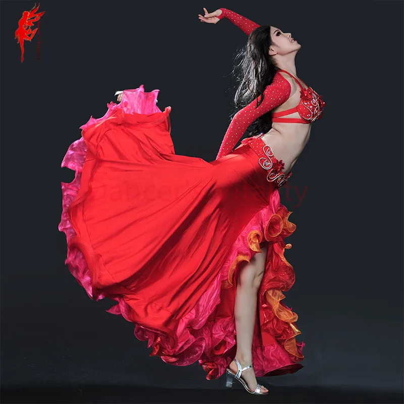 Belly dance clothing women luxury belly dance suit bra+shoulder+belt+skirt 4pcs belly dance clothes suit performance suit S M L