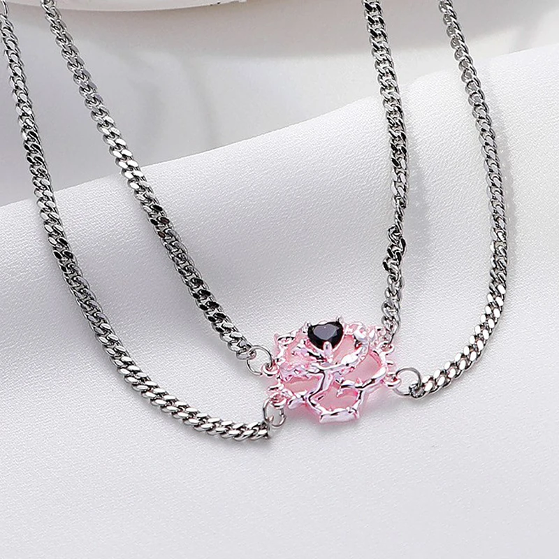 Eetit elegante rosa Glas doppels chichtige Stapel kette Halskette für Frauen Charme schicke Mode Hals Schmuck Accessoires бижутерия