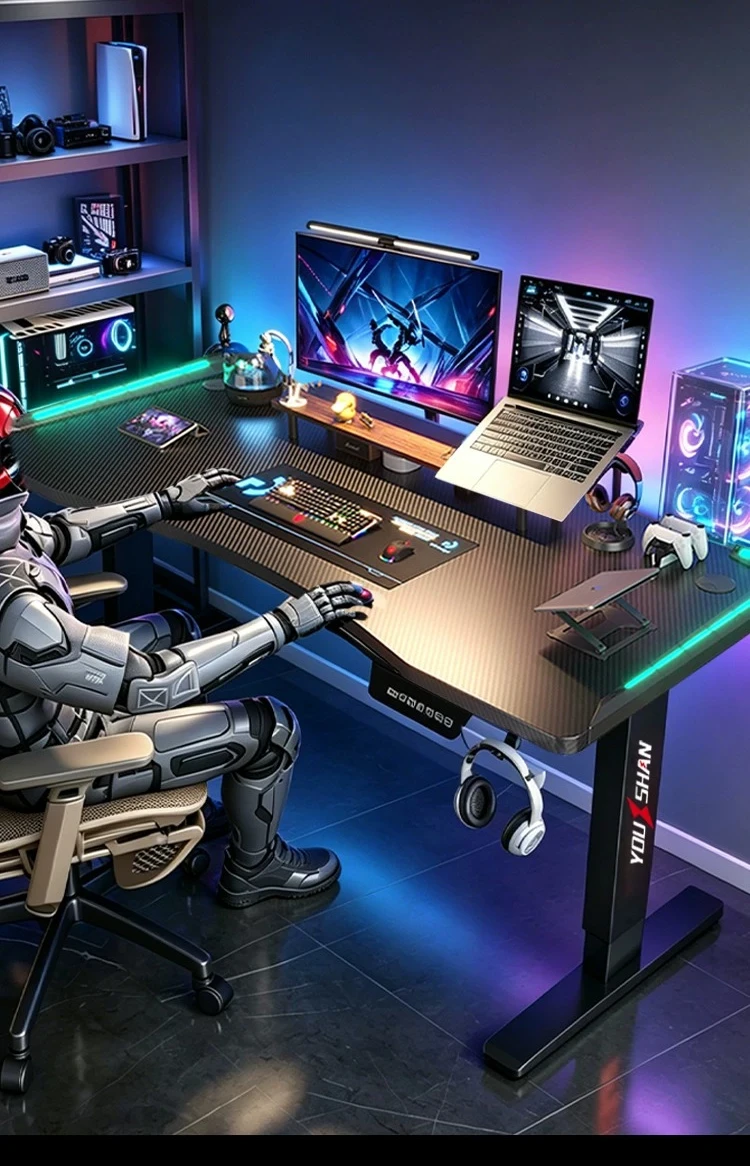 Smart Electric Height Adjustable Solid Wood Desk, Lifting Home E-sports Gaming Computer Workbench