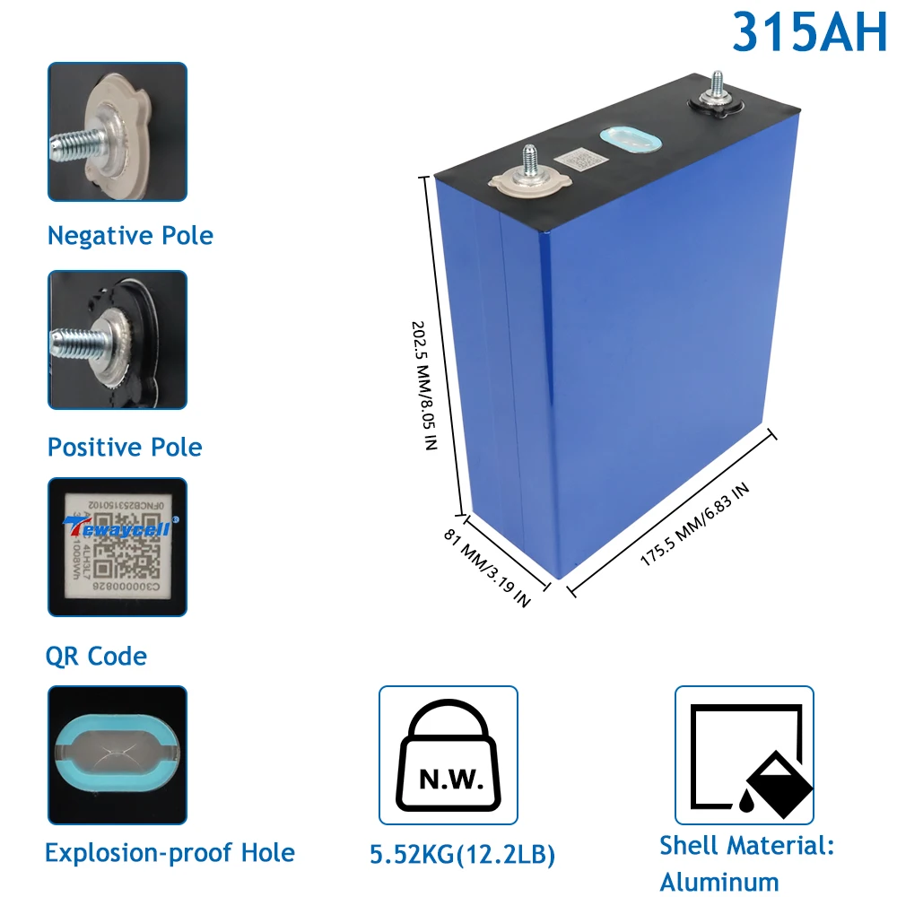 Tewaycell akumulator litowo-żelazowo-fosforanowy 3.2V 315AH akumulator Lifepo4 klasy ogniwo do wózek golfowy łodzi RV bez taksówki