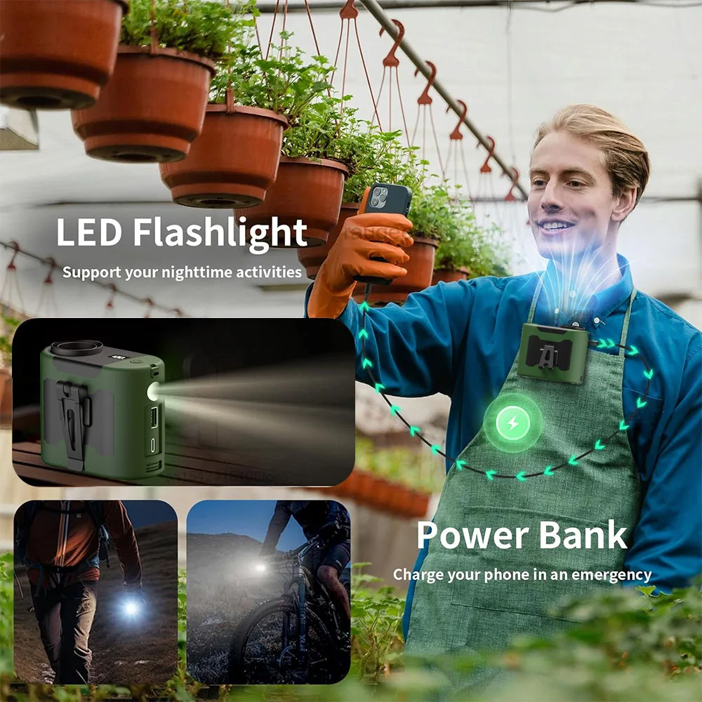 Портативный поясной вентилятор 10000 мАч Мини-подвесной вентилятор на шею USB Перезаряжаемый настольный вентилятор Открытый походный поясной вентилятор со светодиодной подсветкой Power Bank