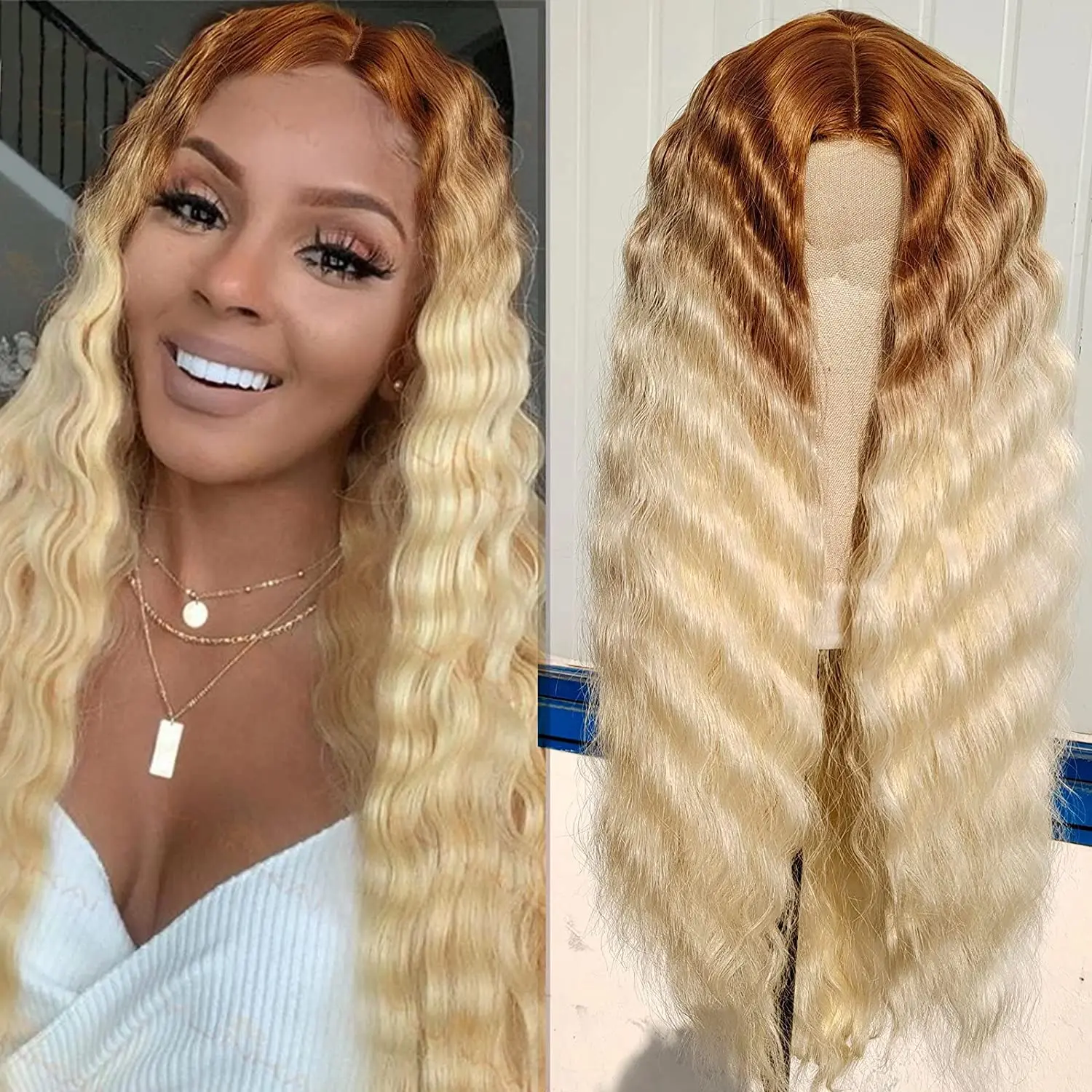 

Ombre Blonde Lace Wig Synthetic Hair Long Loose Deep Wave Wig Middle Part Simulated Scalp Wigs for Black Women Daily Use