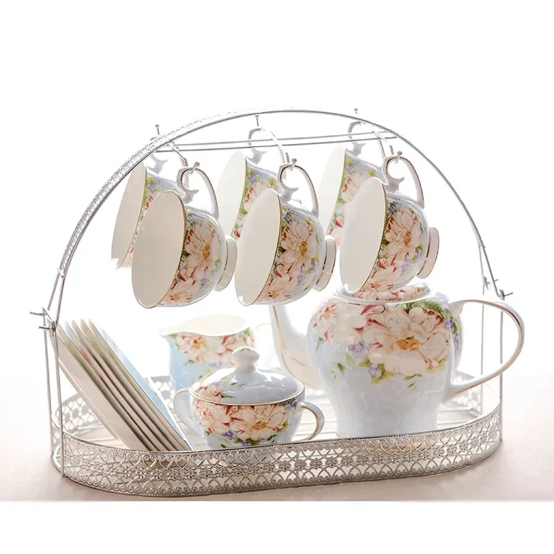 Bone China Coffee Cup Set European Afternoon Tea Set 15-head Coffee Set English Tea Set Ceramic Flower Tea Belt Rack