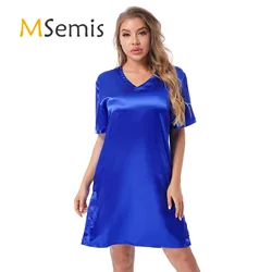 Womens Adult Nightdress Sleepwear V Neck Satin Nightgown Shirt Robes Short Sleeve Loungewear Sides Split Nightwear