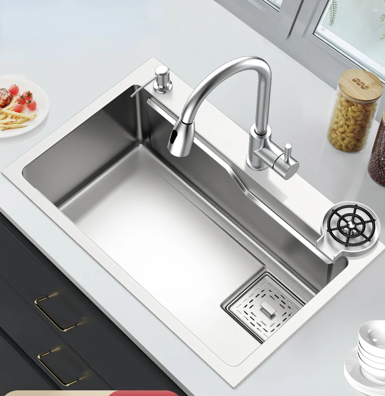 

Style Stainless Steel Large Single Sink Kitchen 304 Manual Thickened Waterfall Sink Vegetable Basin Sink Household Counter