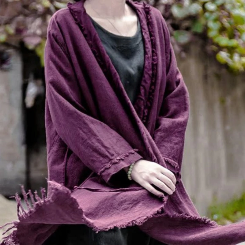 

Womens Autumn Cotton Linen Frayed Edge Middle Length Jackets Vintage Long Sleeve Relaxed Fit Casual Lace Up Cardigans Outwear