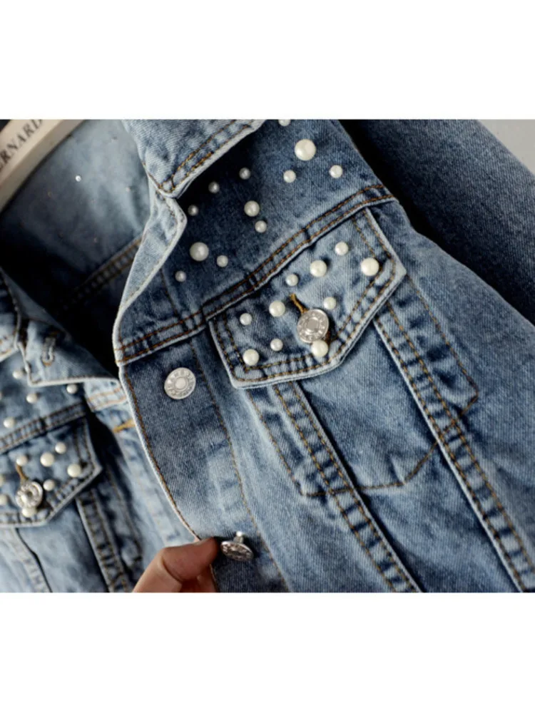 DEAT Fast Delivery New Autumn Fashion Women’s Denim Jacket Full Sleeve Loose Button Pearls Short Lapel Wild Casual 2024 AP446