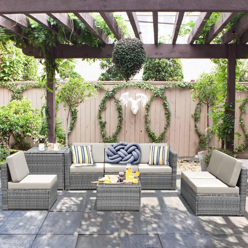 

8-Pieces Patio Furniture Set Outdoor Rattan Conversation Set with Storage Box Sectional Wicker Sofa Set with Coffee Table