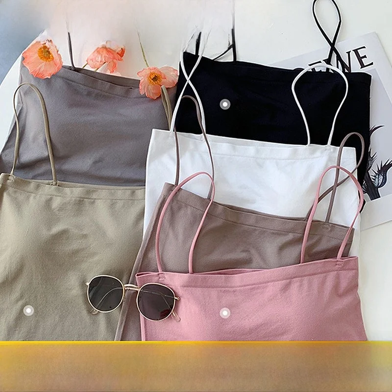 Letnia modna damska bluzka na ramiączkach z wkładkami, zapobiegająca prześwitywaniu, cienkie ramiączka, top typu tuba, bielizna, do noszenia na zewnątrz.