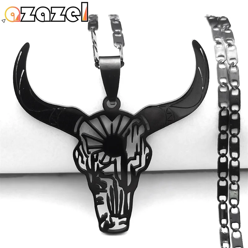 Goth Bull Head Pendant Animal Necklace Women Men Stainless Steel Black Color Mexican Cow Necklaces Jewelry Boyfriend Gift N3214