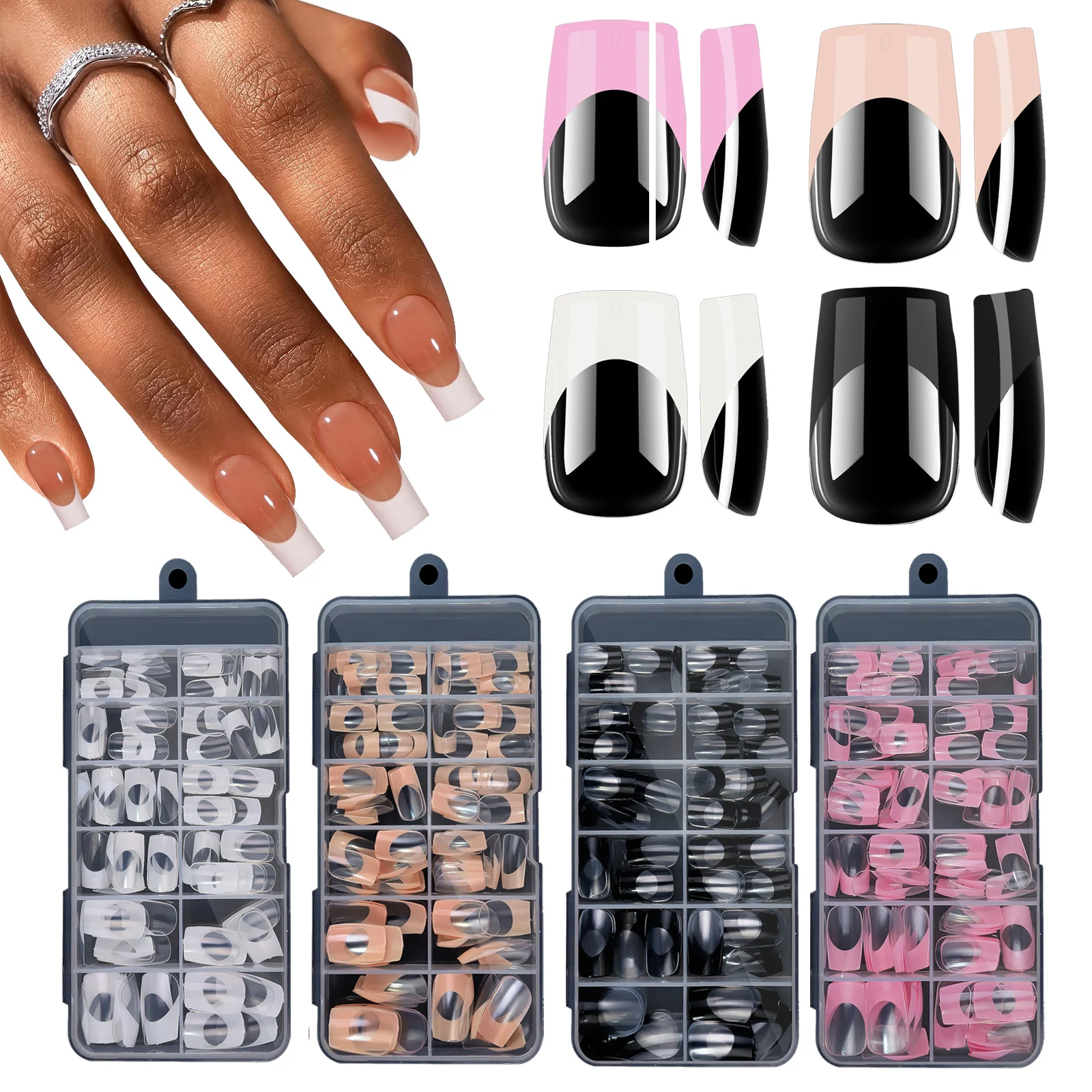 French Tip Gel Nail Tips Long Square Press On Nails,120pcs White Pink Black Brown French Nail fake for Nail Extension Nail Art