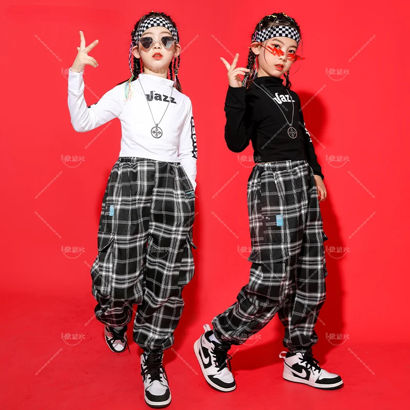 

Hip Hop Girls Jazz Crop Top Plaid Joggers Clothes Sets Kids Sweatshirt Street Dance Pants Child Cool Stage Streetwear Costumes