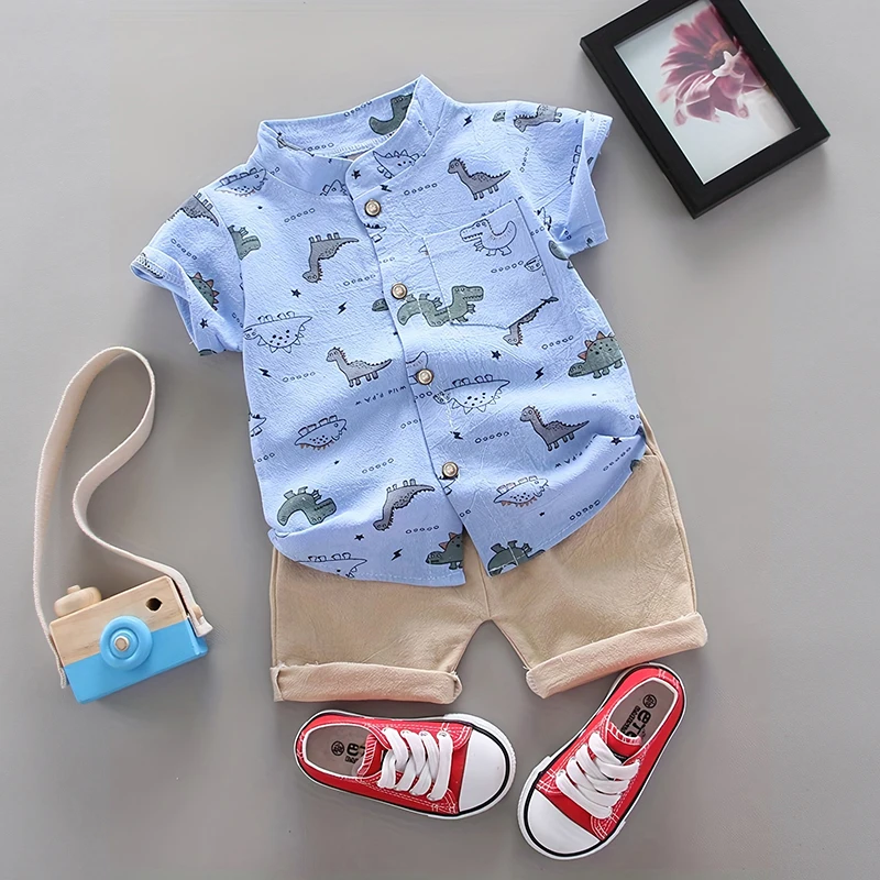 Children\'s Summer Dinosaur Randomly Printed Shirt Short Sleeve Shorts Set