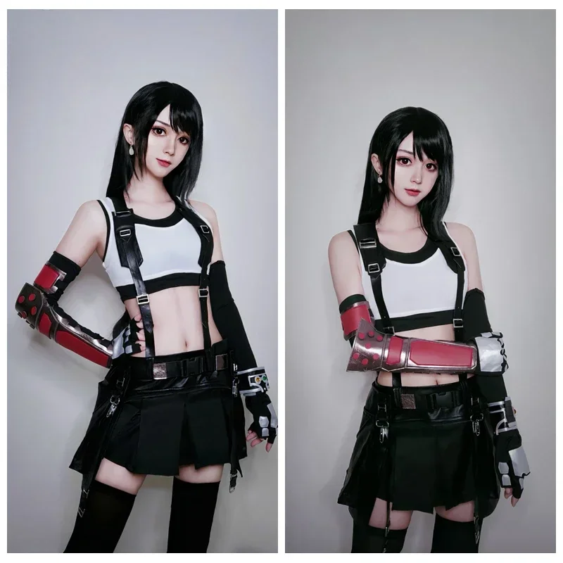 FF VII Tifa Cosplay Costume FF7 Remake Game Cosplay Costume Halloween Sexy Overalls Skirt Gloves Stokings