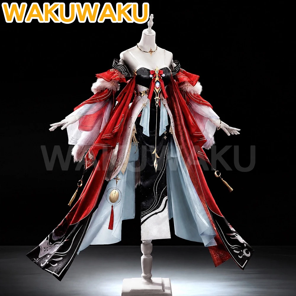 Hsin Cosplay Kostüm aus dem Spiel Wuthering Waves【S-2XL】WakuWaku Damen Halloween Langes Rotes Kleid Hsin Fox Cosplay Übergröße