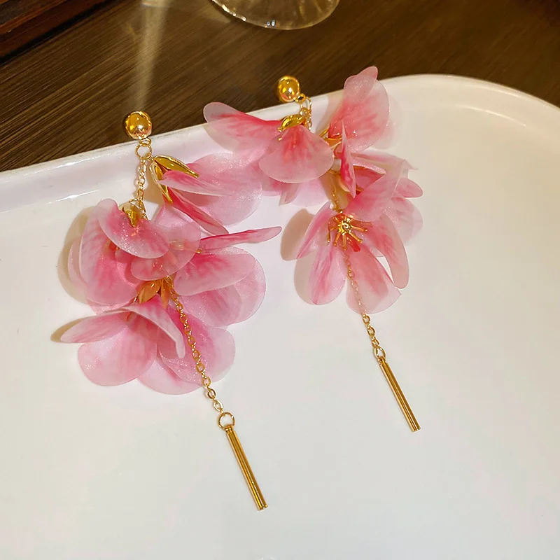 Vacation Style Handmade Lace Flower Tassel Earrings For Women Sweet Fashion Colorful Petal Earrings Banquet Party Jewelry Gifts