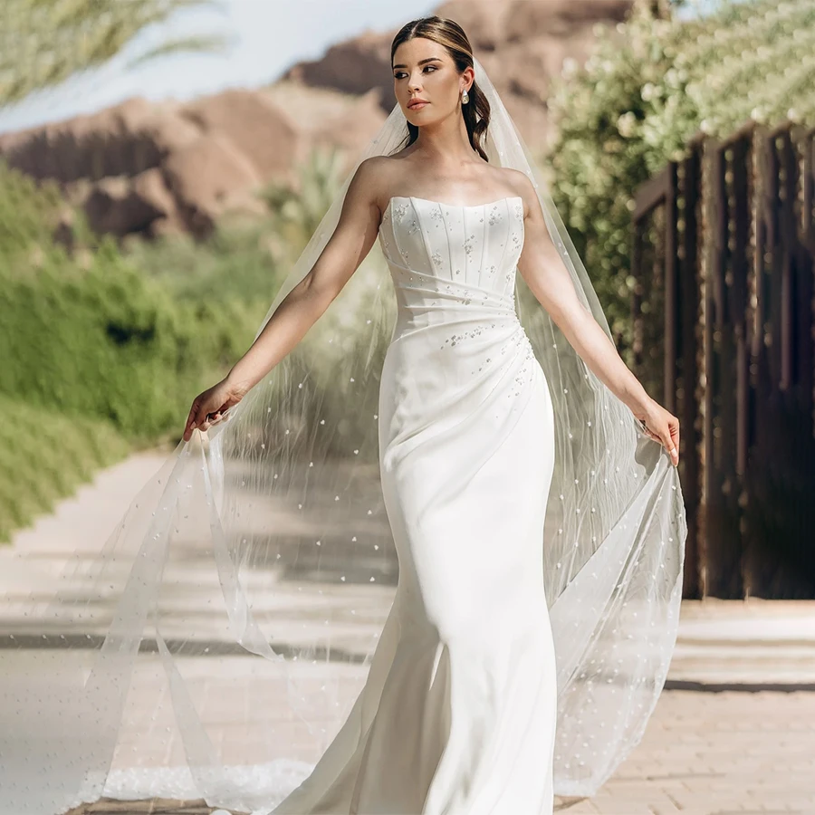

Customized Luxury Strapless Top With Peals Satin Wedding Dress Backless Zipper Buttons Woman Evening Dress For Wedding