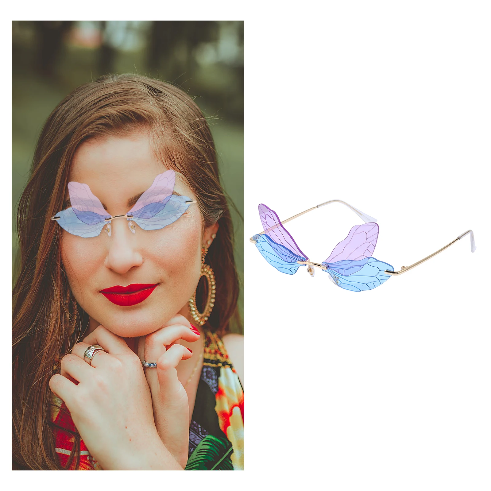 

Dragonfly Wing Sunglasses PC Metal Rimless Irregular Shaped Nose Free Long Lasting Gifts Sunglasses Glasses