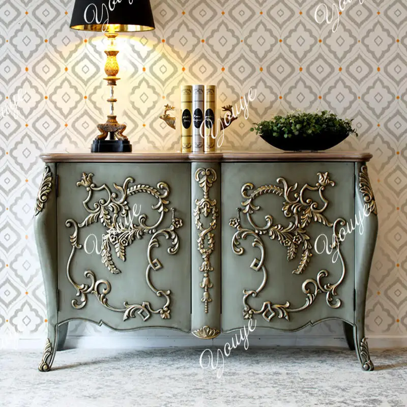 

French retro style solid wood sideboard, neo-classical entrance, facing the entrance carved decoration storage cabinet