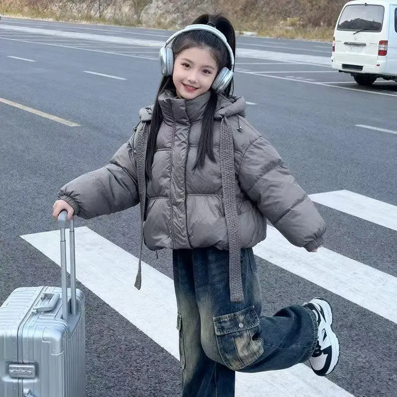 Girls' Hooded Jacket 2026 Winter New Baby Cotton Coats Warm Short Jacket Winter Clothing for Children 5-14Years