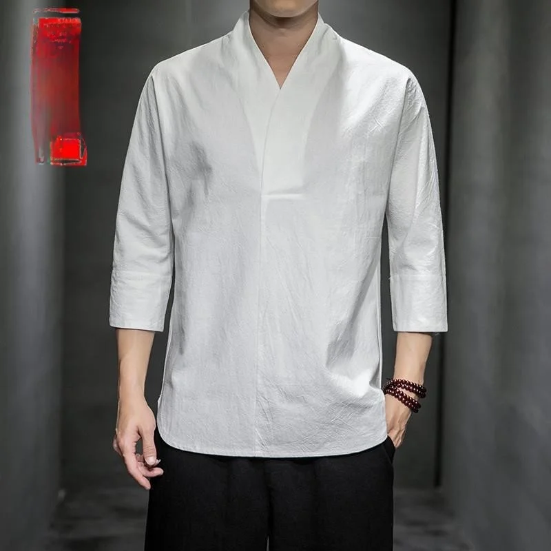 

Large Size Retro Cotton Linen Men's T-irt Summer Seven-Quarter Sve Hanfu Summer Wear Zen Clothing Stand Fit Thin Model