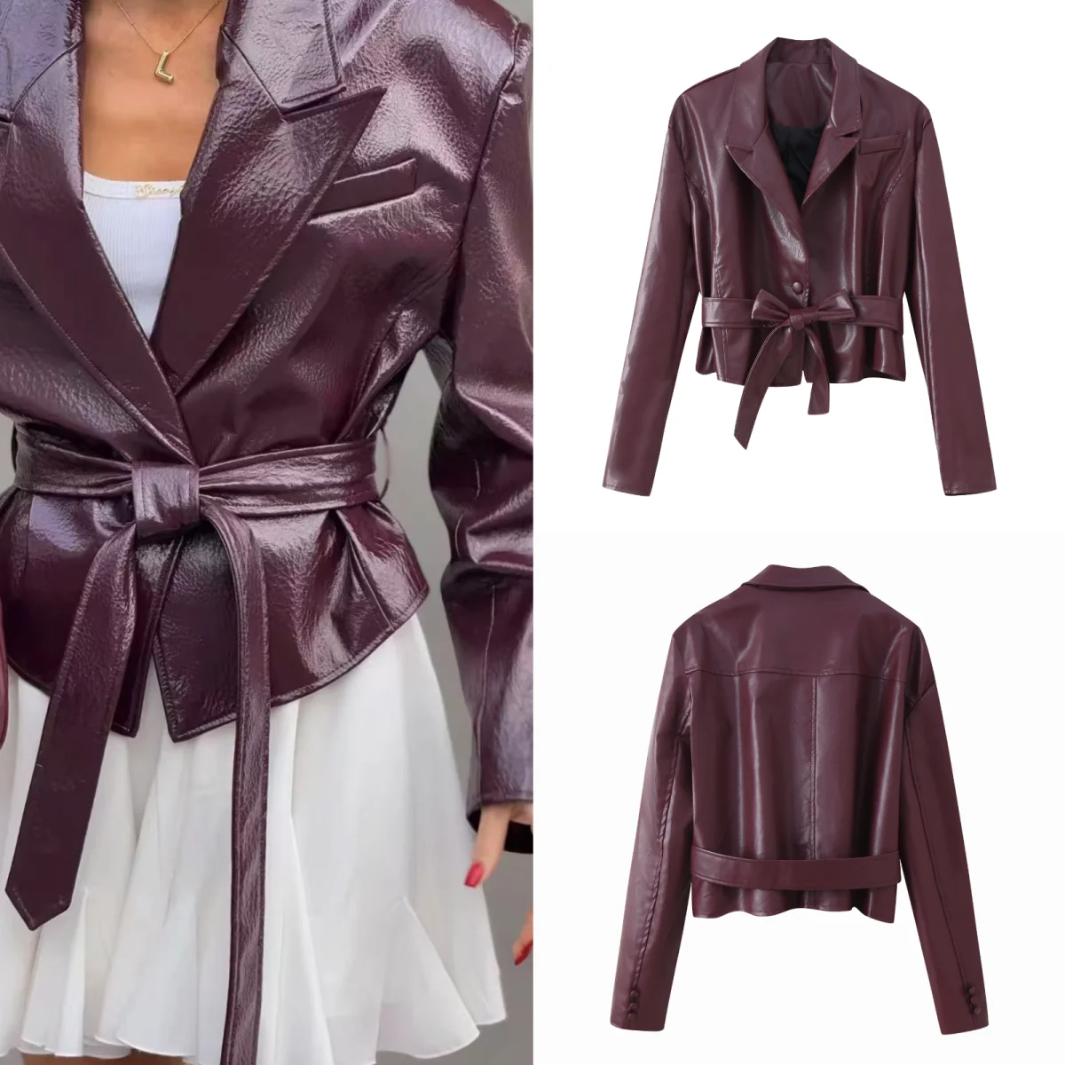 Giacca con cintura in ecopelle retrò Cappotto corto da donna slim fit a maniche lunghe con colletto alla coreana 2025 Nuovi arrivi autunno/inverno