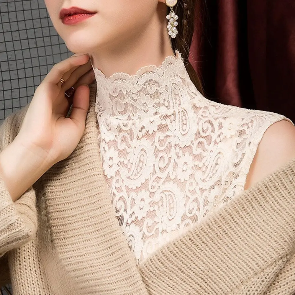 Elegant Half High Collar Floral Tank Tops Hollowed-out Black White Lace Shirt Sleeveless Vest Women Girls
