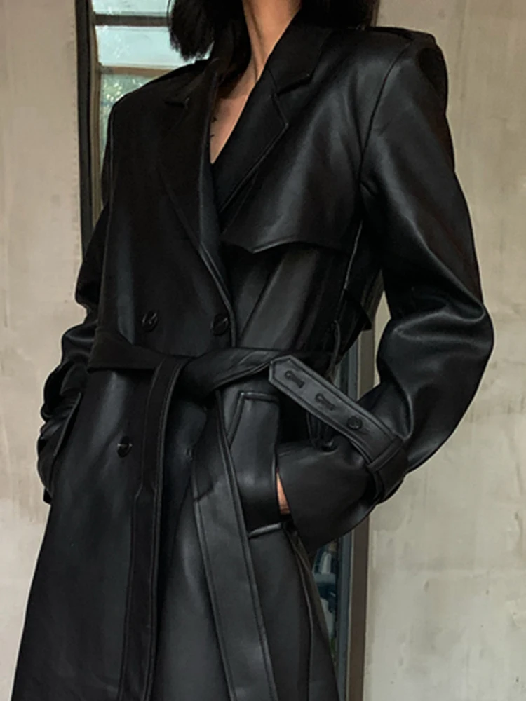 Lautaro Spring Autumn Long Black Soft Pu Leather Trench Coat for Women Belt Double Breasted Cool Handsome European Fashion 2022