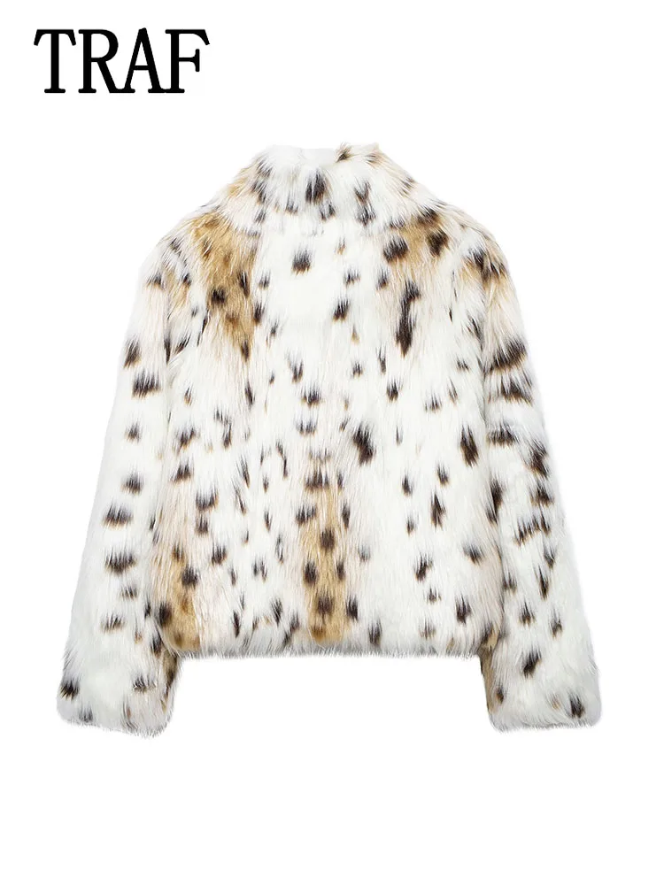 TRAF Women Fur Jacket Warm Coat New Autumn Winter Woman Animal Print Jacket Fashion Long Sleeve Casual New Outerwear