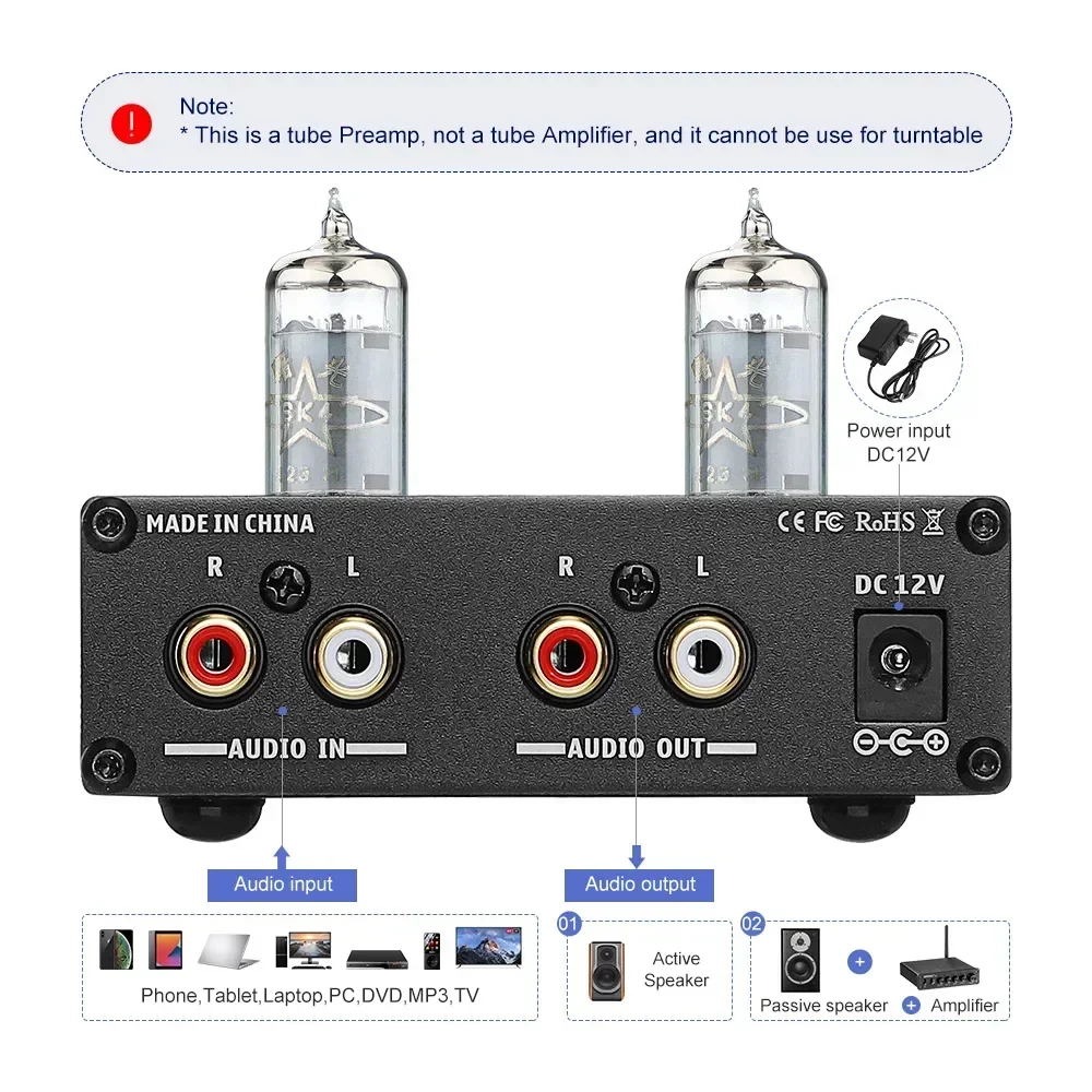 US.EU 6K4 Tube Amplifier Bile Preamplifier HIFI Preamp Treble Bass Adjustment Audio Preamplifier DC12V For Amplifier Speaker