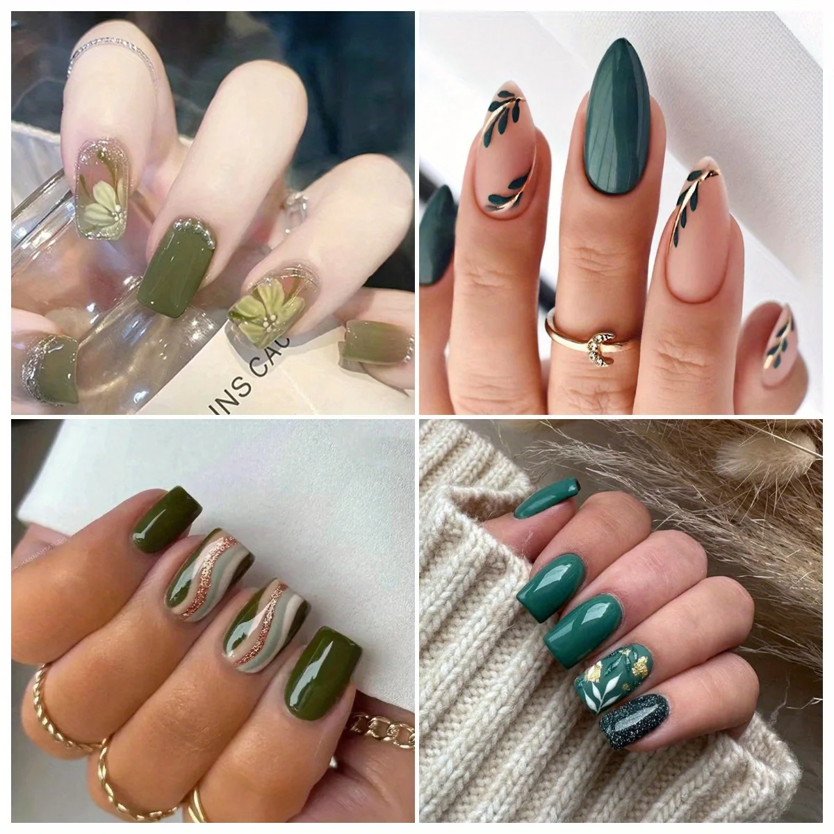 

96pcs Green Forest Style Nail Art Stick Diamond Green Flowers Gold Foil Leaves Black Glitter Design for Party Daily Use Women