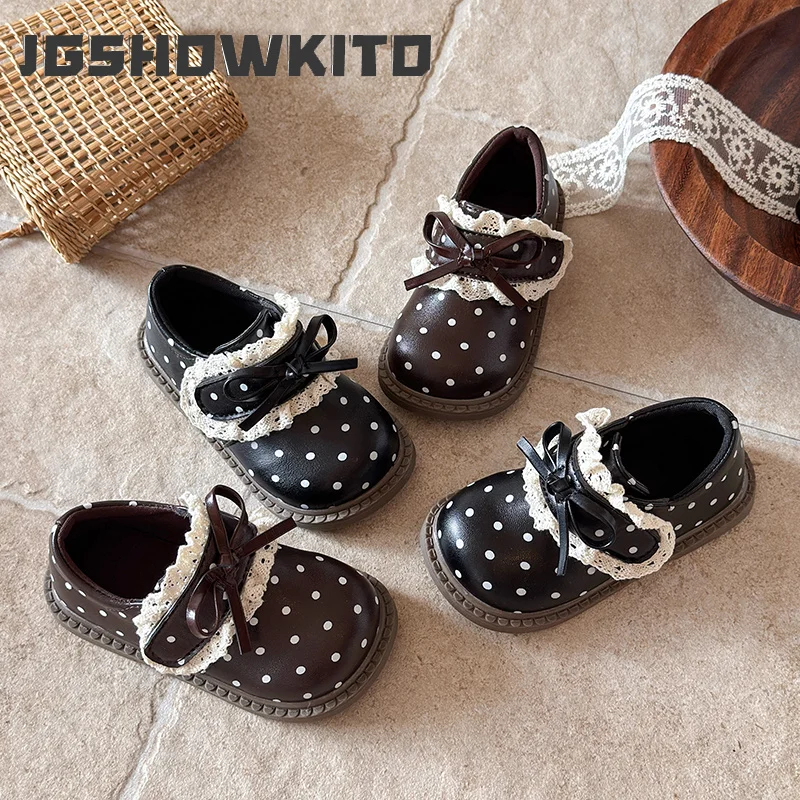 JGSHOWKITO Kids Leather Shoes Polka Dot Flats Toddler Lace Bow Girls Princess Mary Jane Shoes Daily Children Causal Dress Shoes