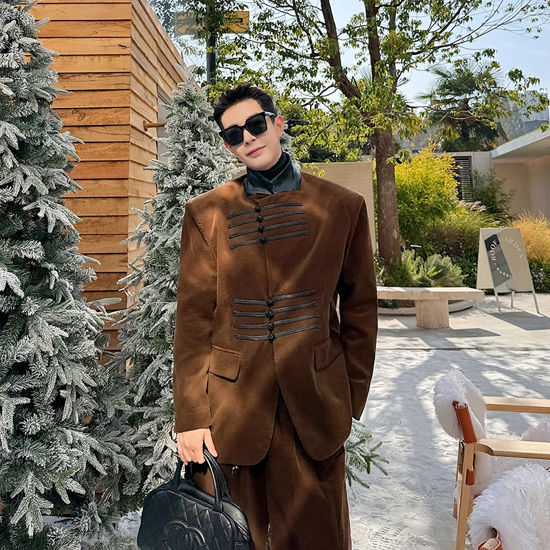 

Мужской костюм в стиле ретро: вельветовый пиджак с кожаными вставками и воротником-стойкой, брюки с высокой талией, комплект из двух предметов, повседневный, свободный крой, длинный рукав