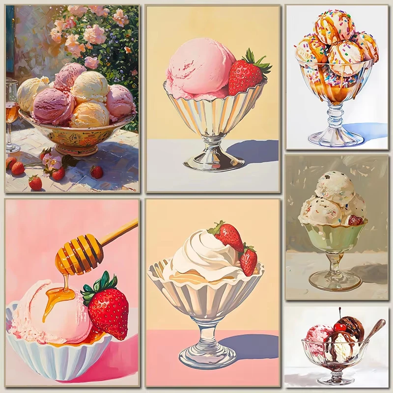 Summer Delicious Strawberry Honey Spherical Cup Sweet Ice Cream Art Poster Diamond Painting Living Room Bedroom Home Decoratio