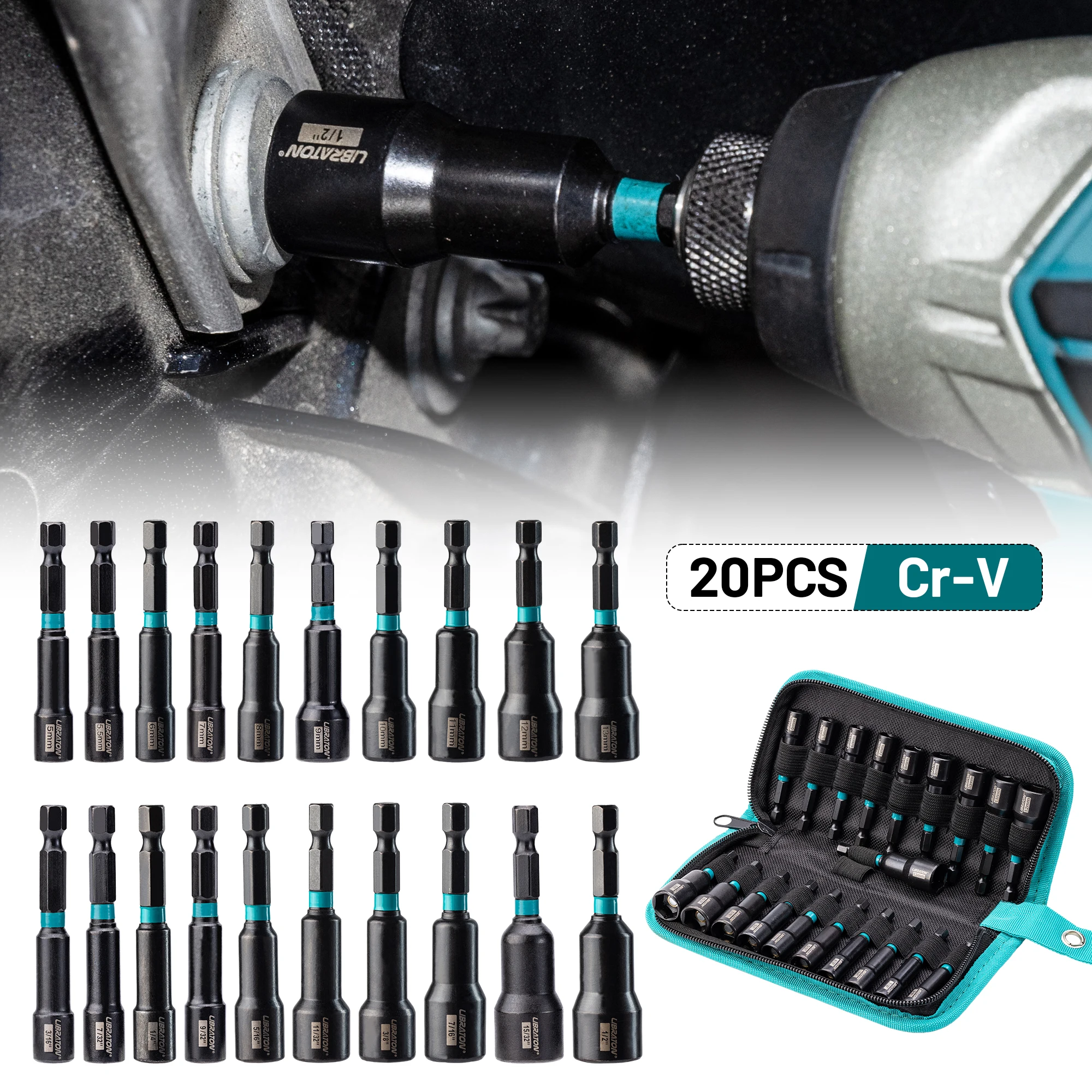 Libraton Metric and SAE Magnetic Nut Driver Set 20PCS 5-13mm and 3/16''-1/2'' Nut Drivers for Impact Drill Driver Easy Storage
