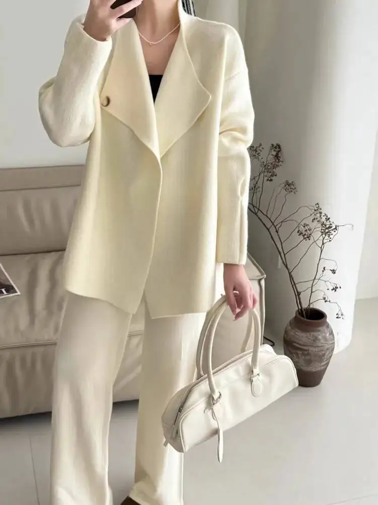 FANAN Elegant Knitted Set Korean Style Women's Fashion Cardigan Wide Leg Pants Two-Piece Set Autumn Winter New Warm Suits