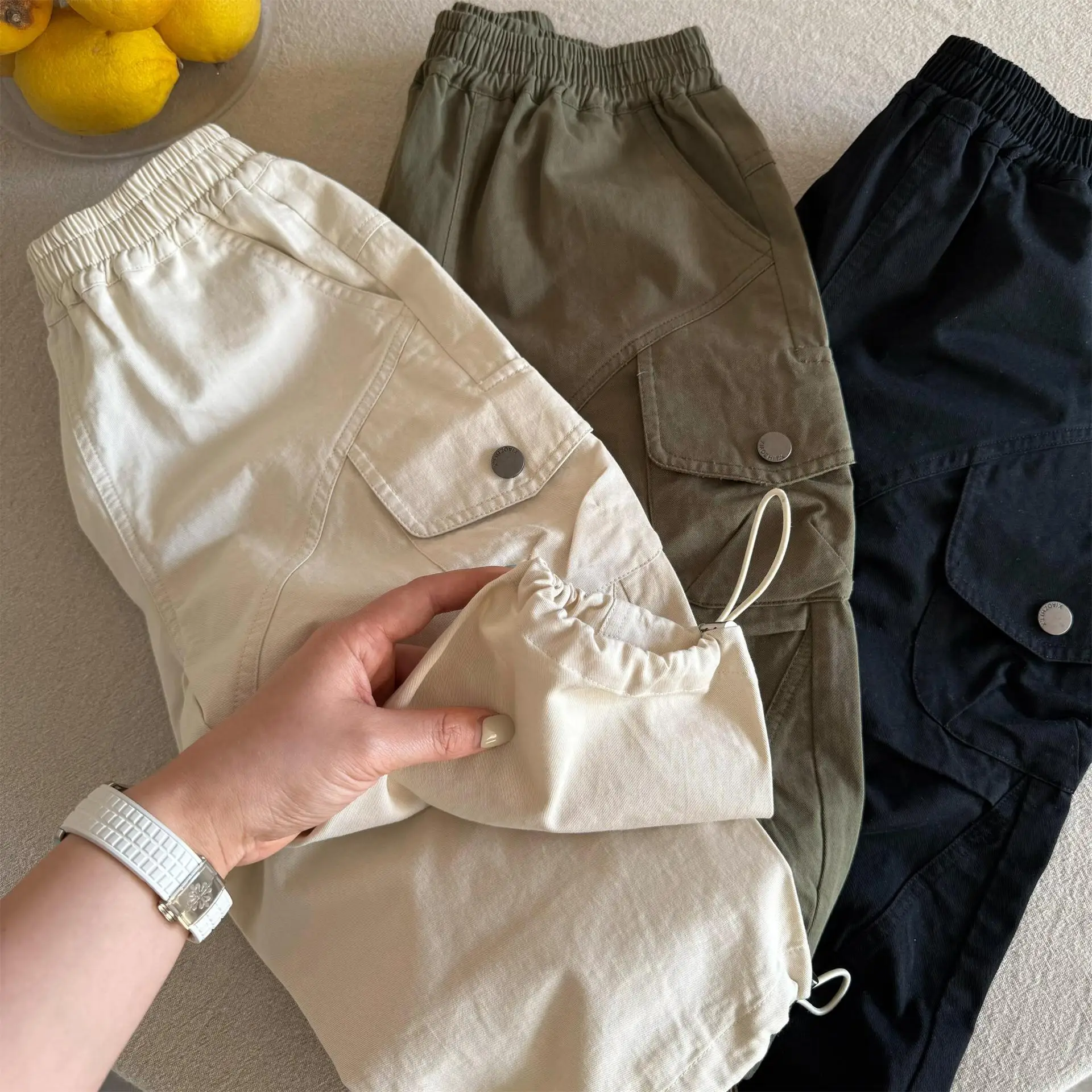 Children's Trousers Spring Boys And Girls Solid Color Pocket Crane Pants Baby Drawstring