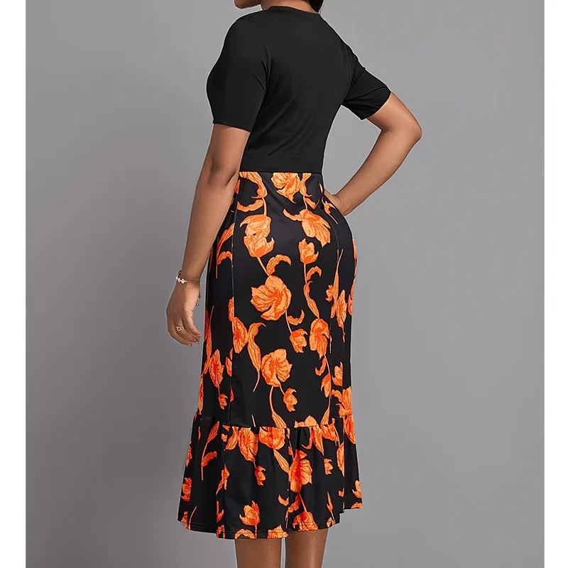 Spring and summer long high waisted temperament commuting dress, black long dress set, long sleeved printed dress