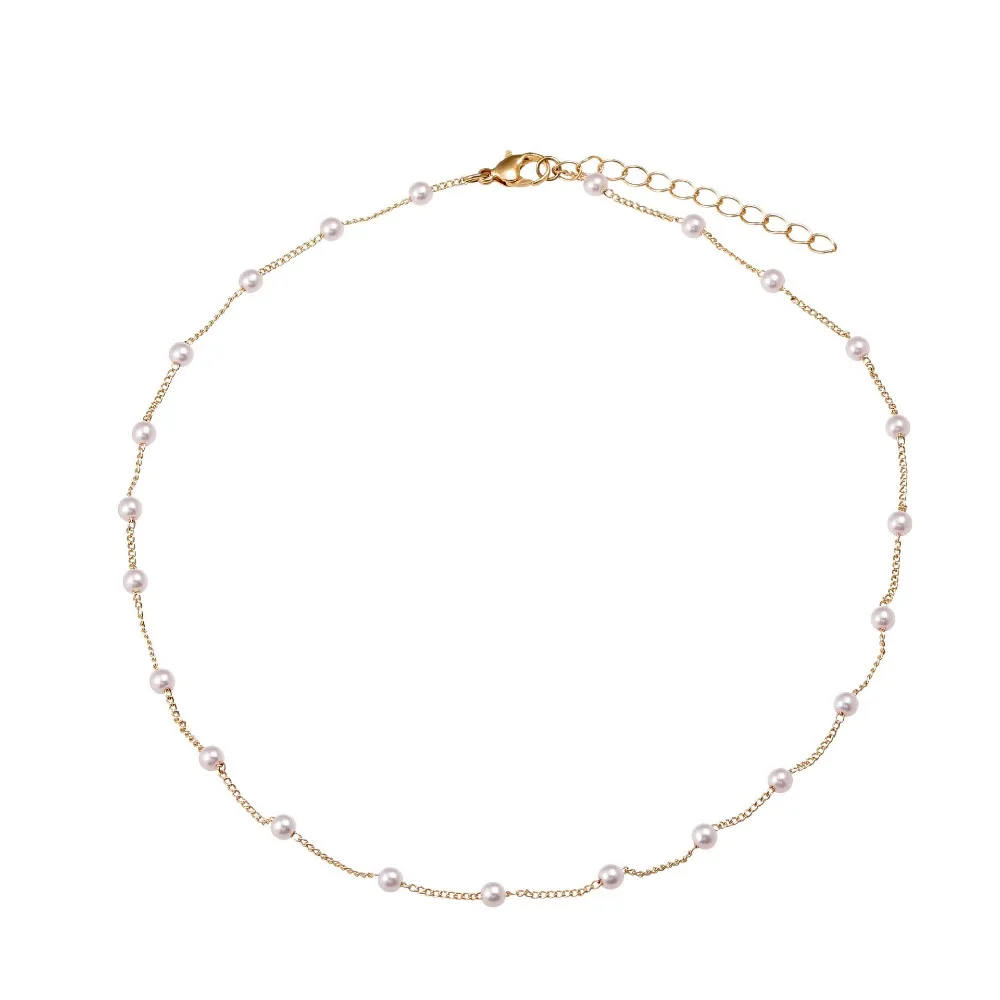 Goldfarbe Frauen Halskette koreanischen Stil Mädchen Charme Perle Choker Halskette elegante Bankett Schmuck kurze Schlüsselbein Halskette