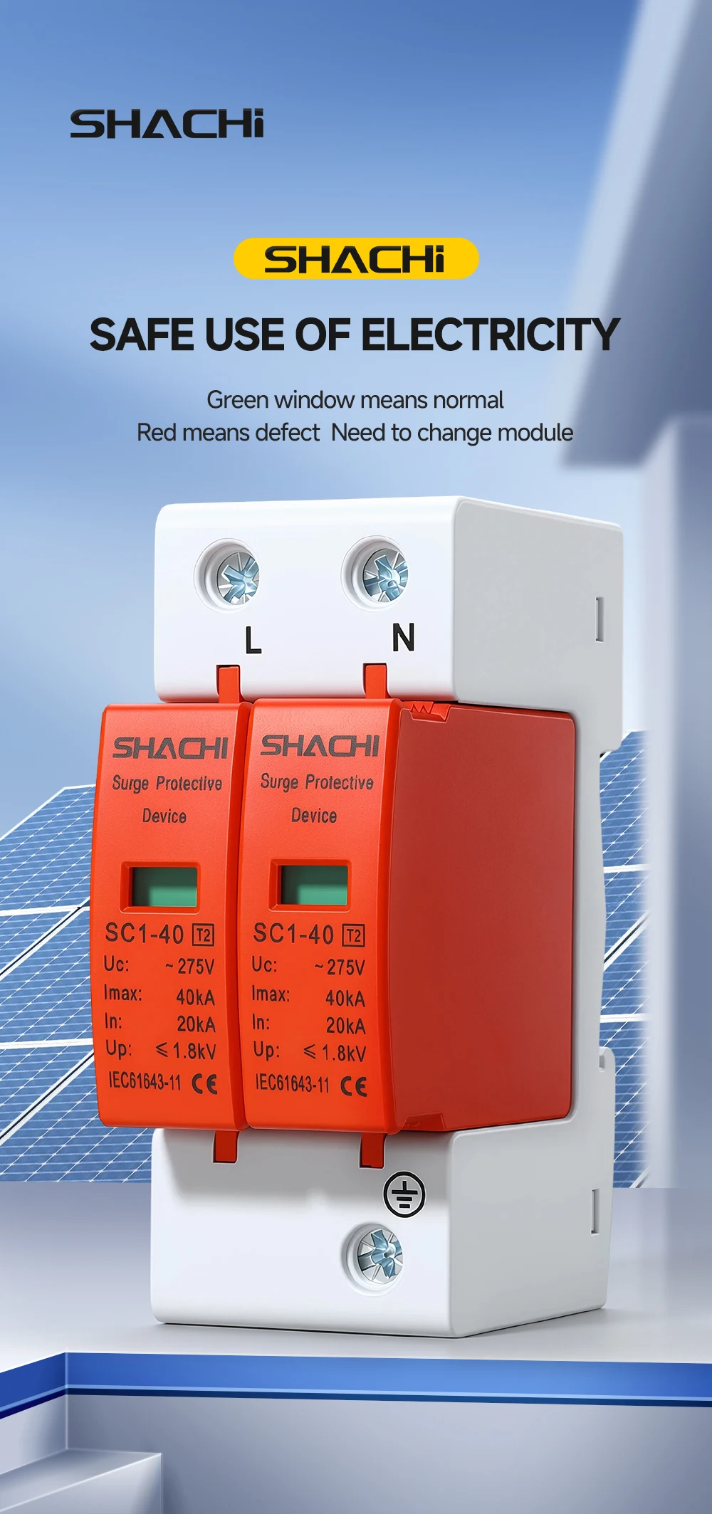 SHACHI AC SPD 2P 20-40KA 30-60KA 275V 385V Haus-Blitzschutzgerät Niederspannungs-Überspannungsableiter – Detail 1