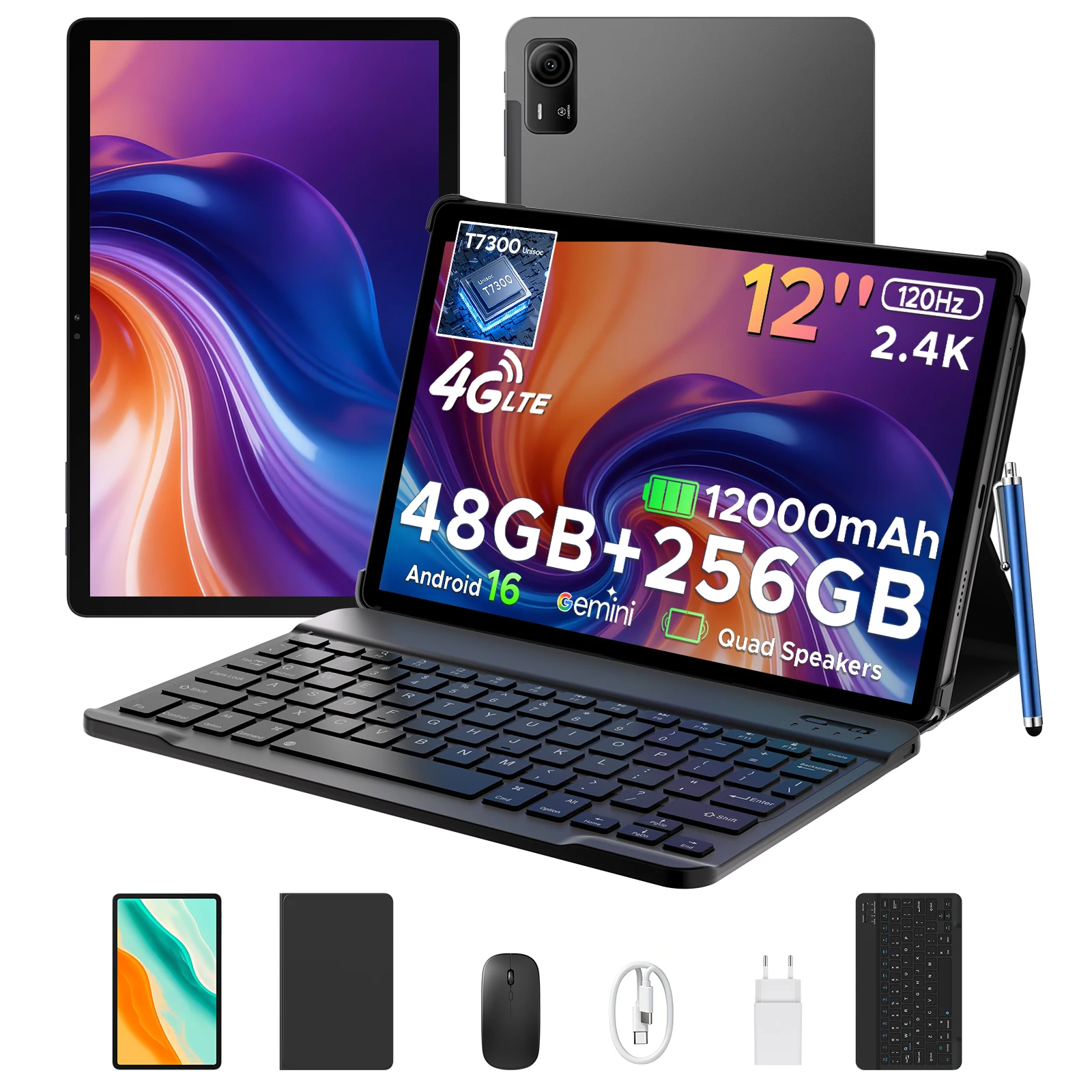 POCKAM P12 Pro Smart Tablet PC Android 16 Gemini AI 12000mAh Akku 12 Zoll 2.4K 48GB RAM (12+36) 256GB ROM Unterstützt Widevine L1