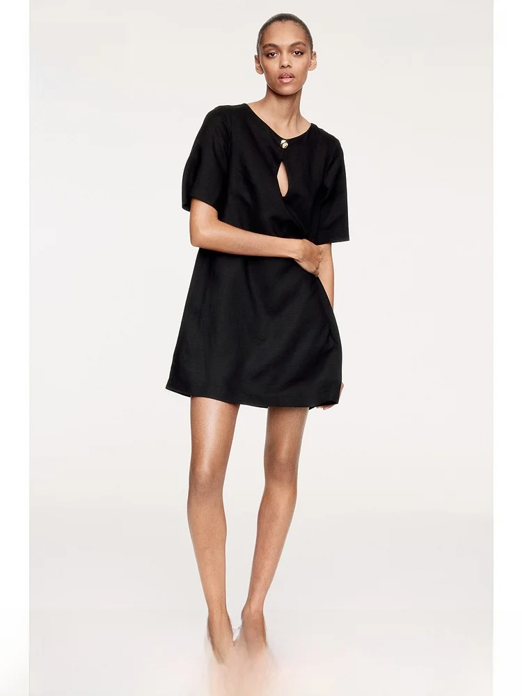 

Женское платье H&M, летнее, из смесового льна, с короткими рукавами, круглым вырезом, прямое, короткое, базового стиля, короткое платье-рубашка